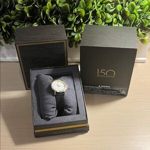 Bulova Sutton Womens Diamond Accent Black Leather Strap Watch 98p225